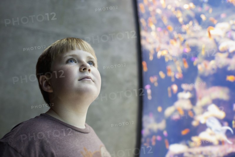Serious boy visiting aquarium
