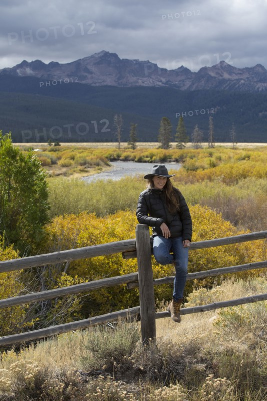 Caucasian woman under Sawtooth Range