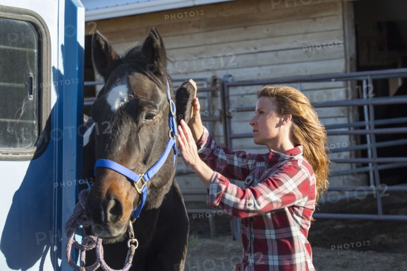 Caucasian woman grooming horse on ranch