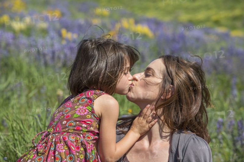 Caucasian mother and daughter kissing on hillside with wildflowers