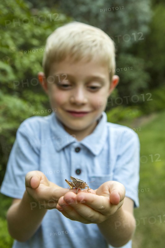 Caucasian boy cupping grasshopper in hands