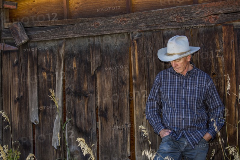 Pensive Caucasian farmer leaning on wooden fence