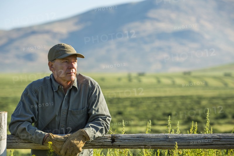 Caucasian farmer wearing gloves leaning on wooden fence