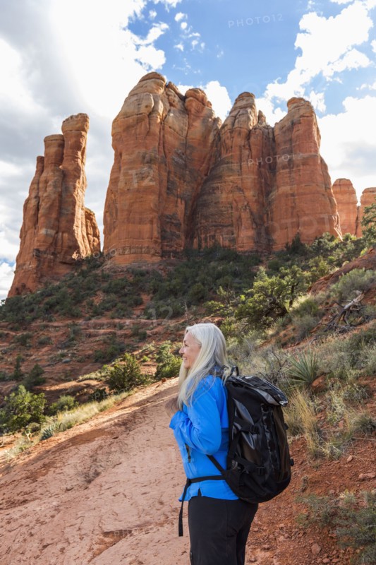 Caucasian woman hiking in desert landscape
