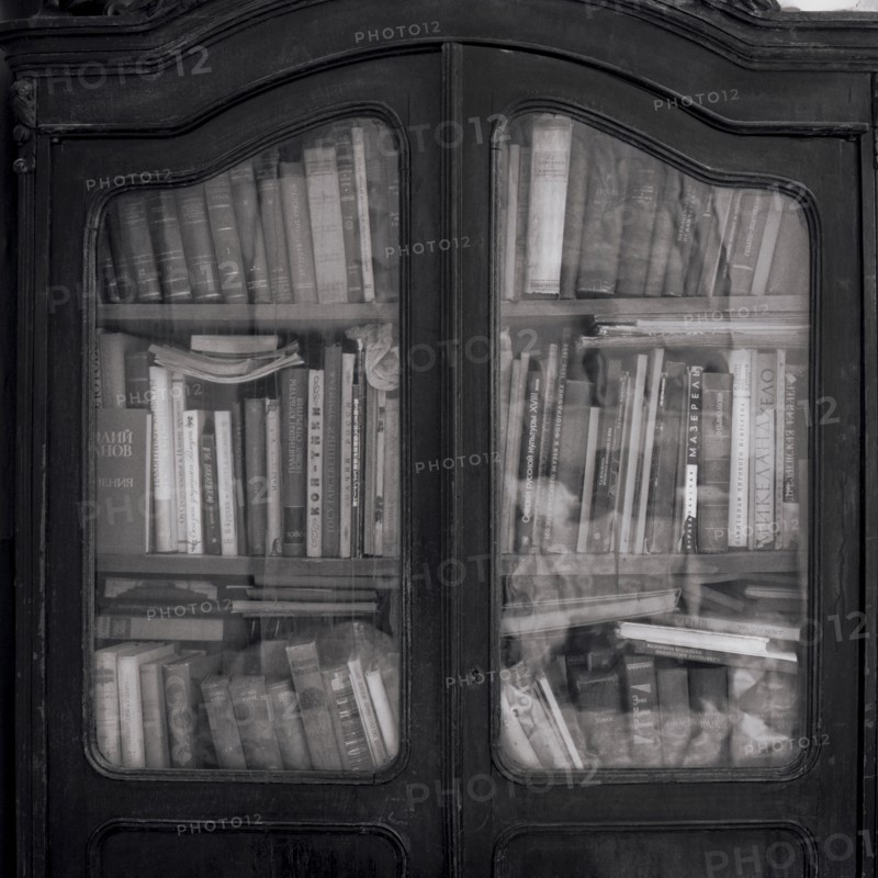 Books in wooden cabinet