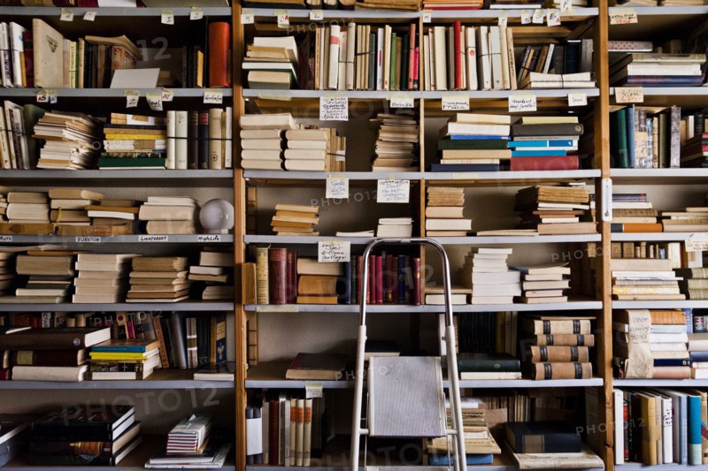 Stepladder by bookshelves in library