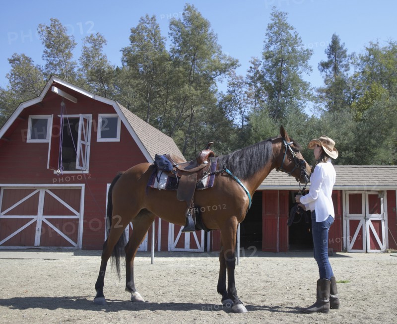 Mixed race girl petting horse on ranch