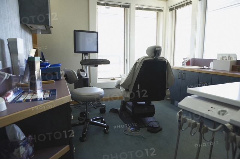 Chair and counters in empty dentist's office
