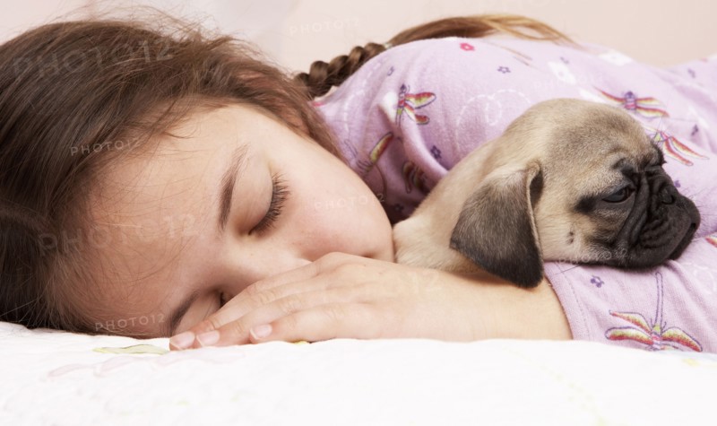 Mixed race girl sleeping with pug