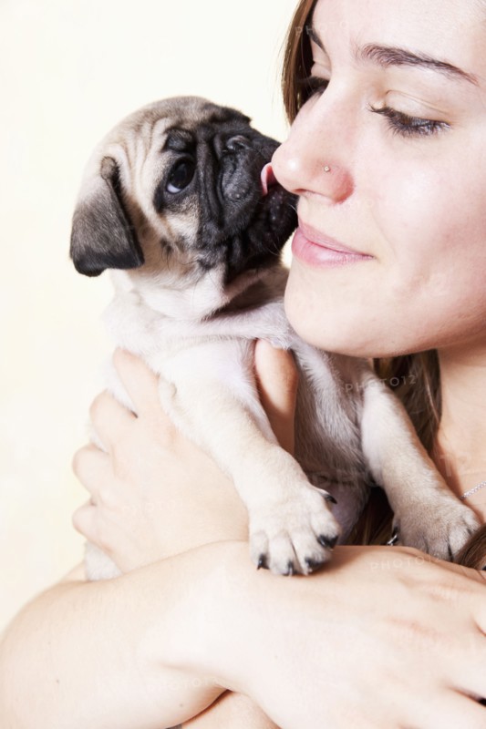 Mixed race woman hugging pug