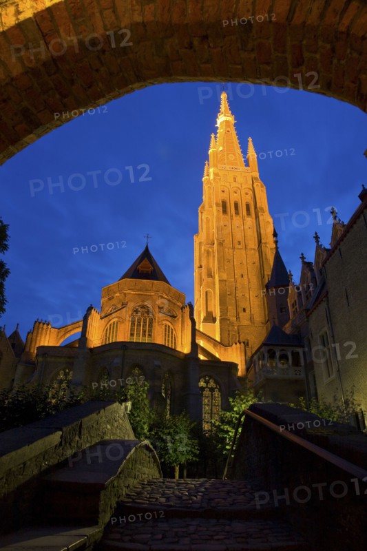 Illuminated bell tower on cathedral
