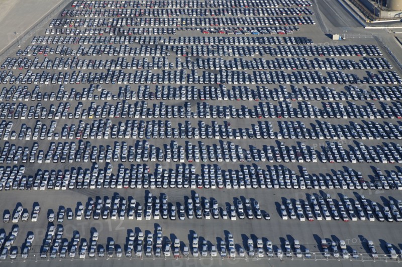 Cars parked in lot at port of Los Angeles