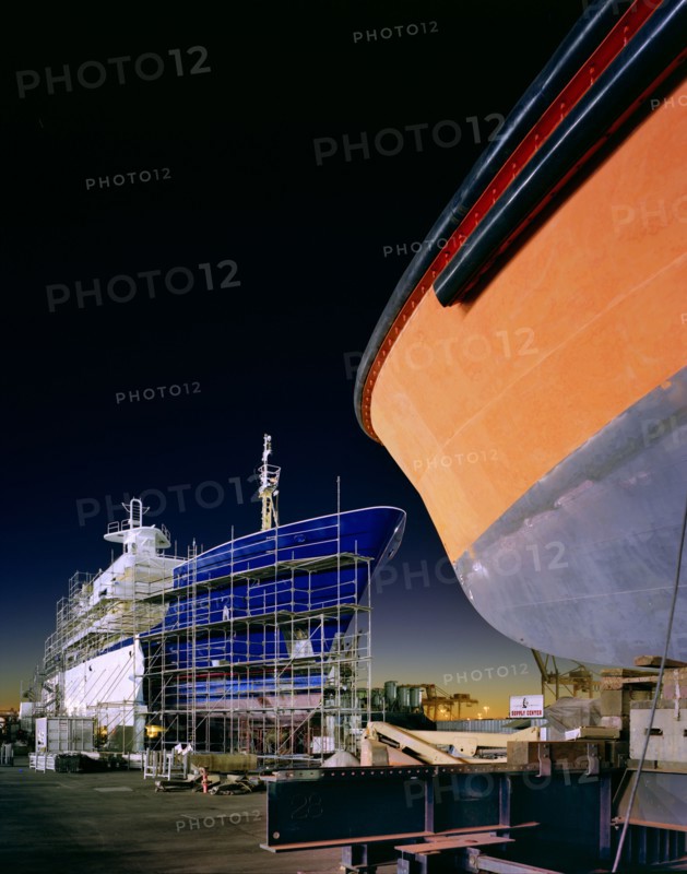 Scaffolding on ship in shipyard