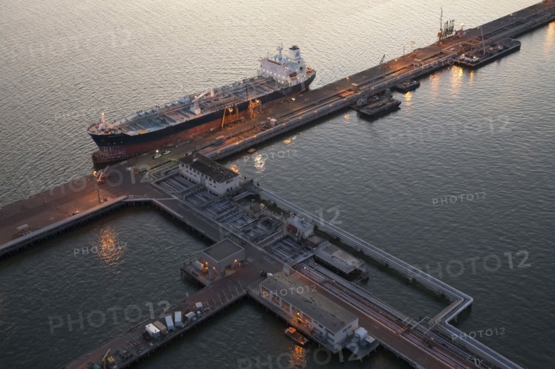 Aerial view of freighter at port