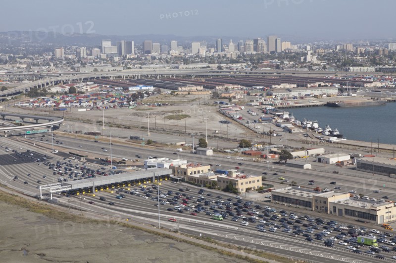 Aerial view of cars at toll plaza