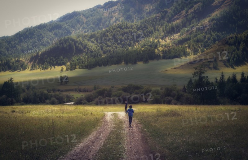 Caucasian boys walking on remote path