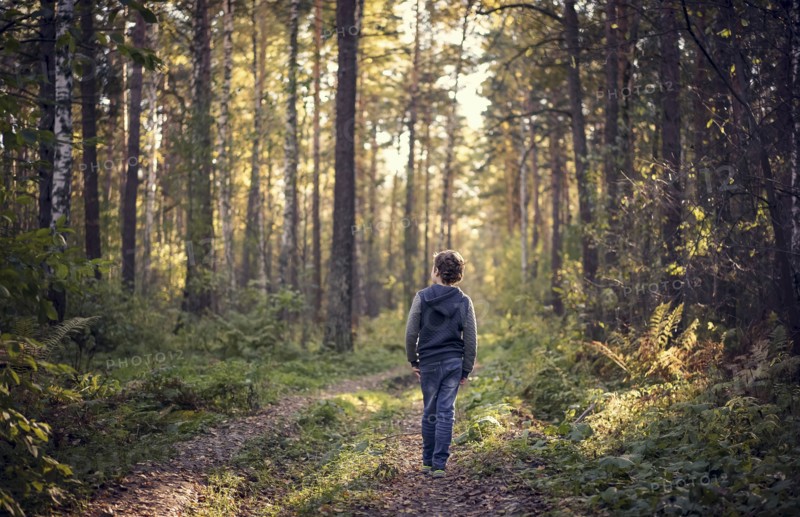 Caucasian boy wandering in forest