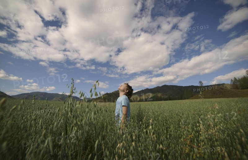 Caucasian boy standing in field looking up