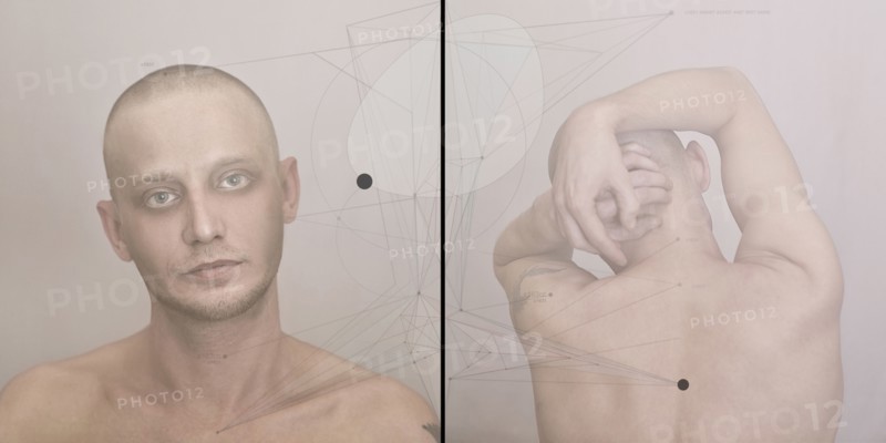 Diptych of bare chested Caucasian man