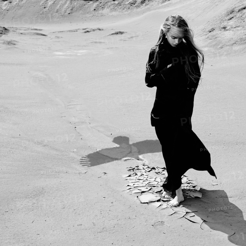 Caucasian teenage girl standing on beach near shadow of eagle