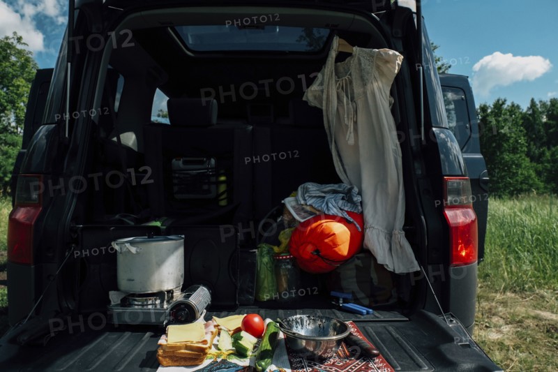 Food and camping gear in car
