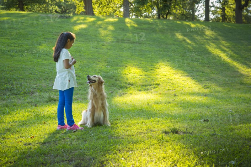 Hispanic girl training dog on hill