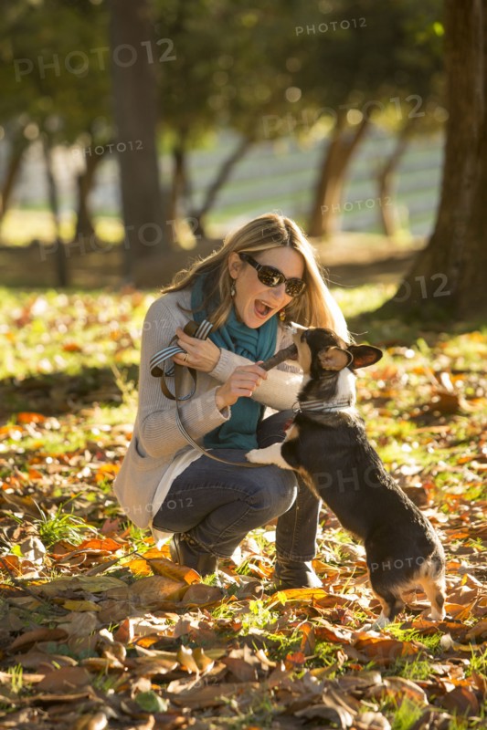 Caucasian woman playing with dog in park
