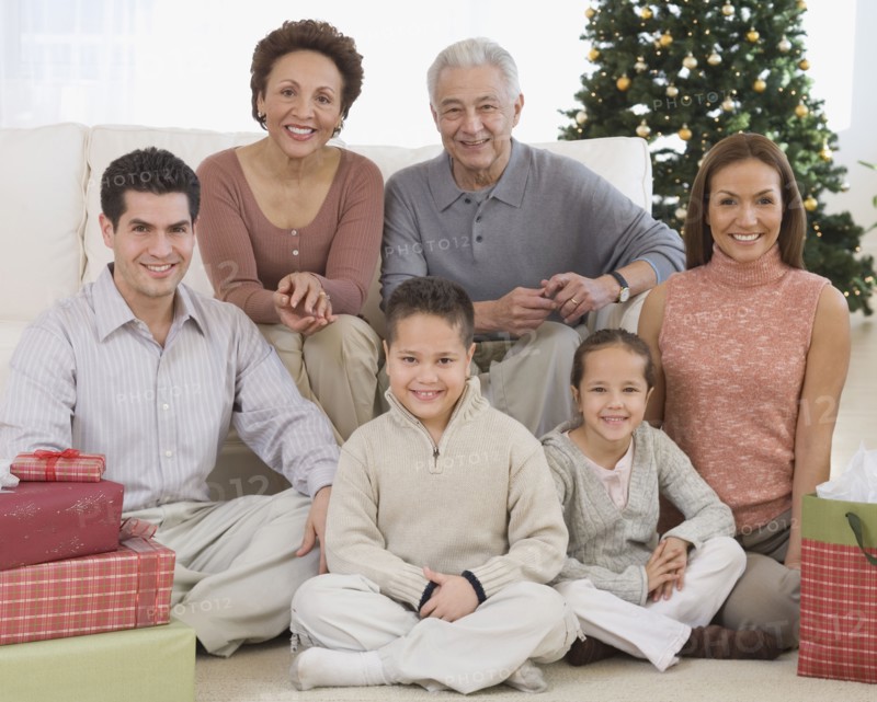 Multi-generational Hispanic family on Christmas