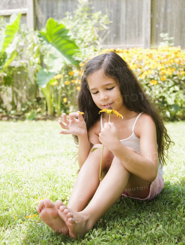 Hispanic girl picking petals off flower