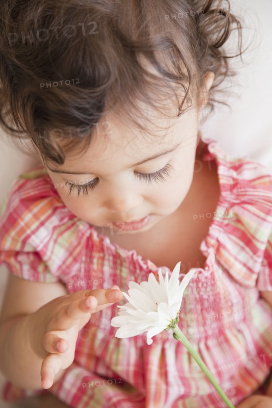 Hispanic baby girl looking at flower
