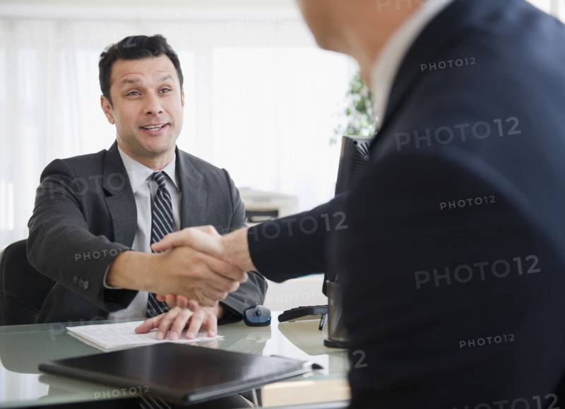 Businessmen shaking hands in office
