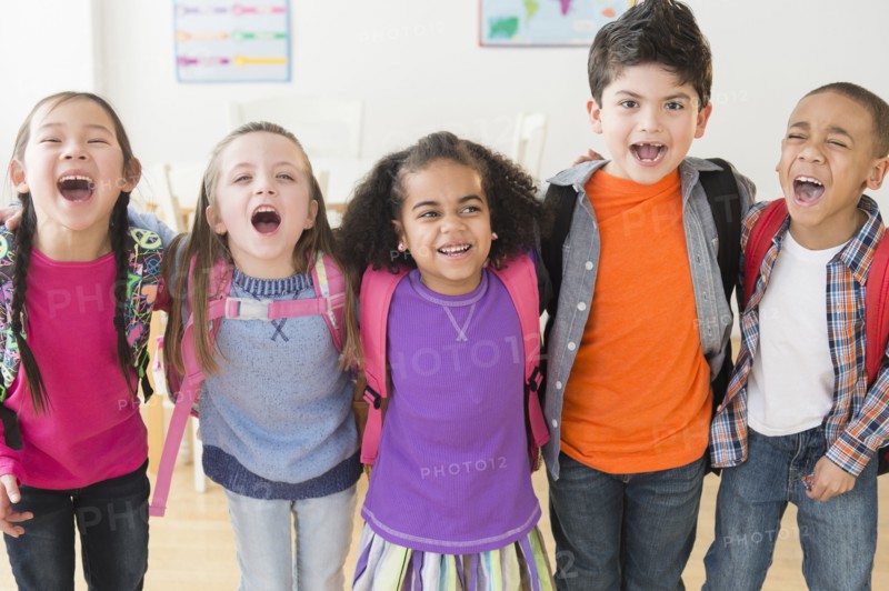 Students standing in line in classroom
