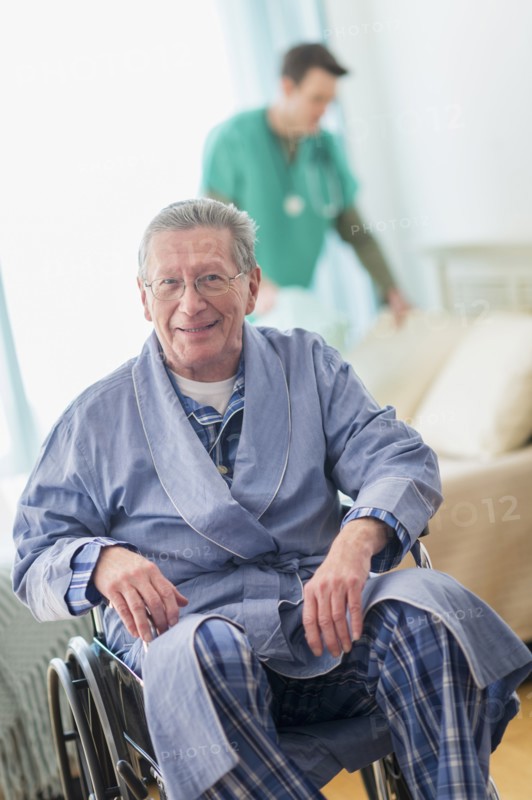 Senior Caucasian man smiling in wheelchair