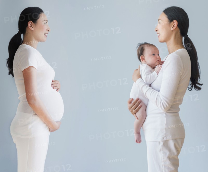 Double exposure of pregnant Asian mother before and after birth of baby