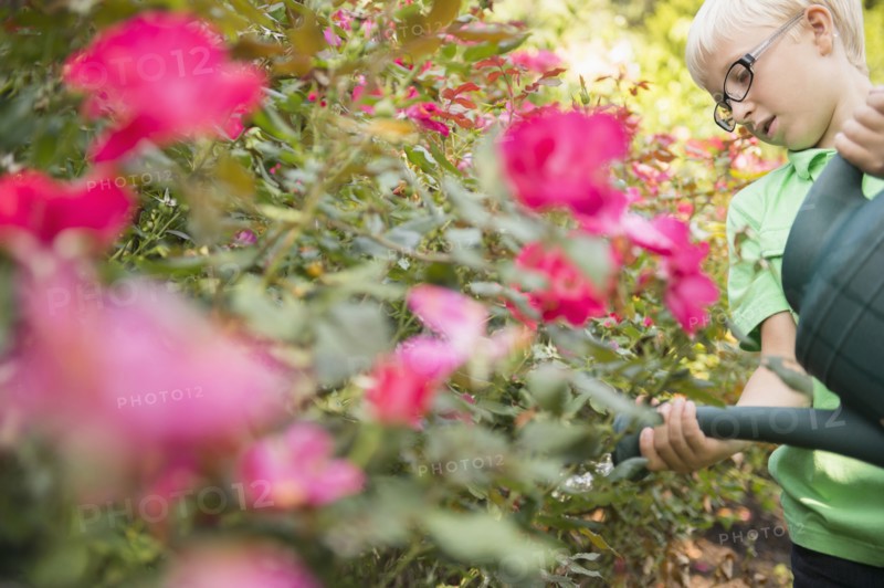 Caucasian boy watering flowers
