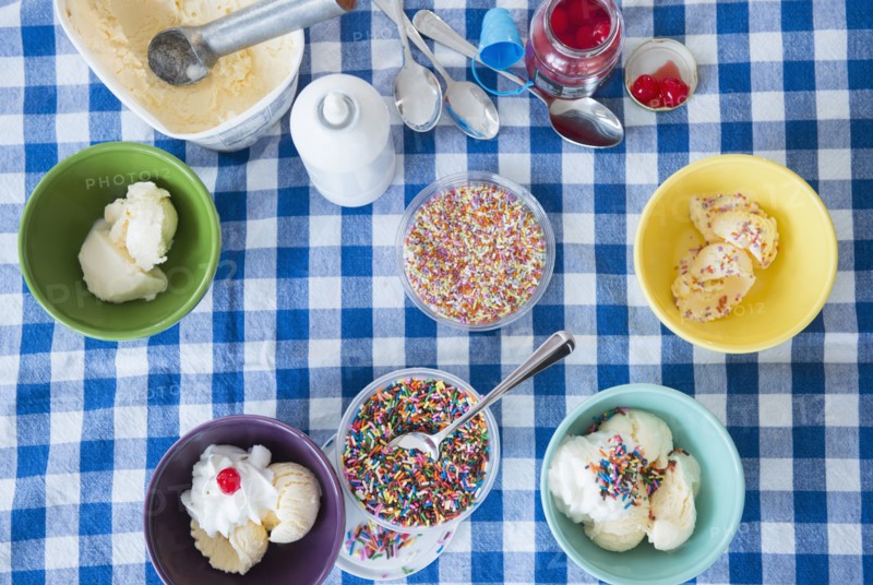 High angle view of ice cream sundaes