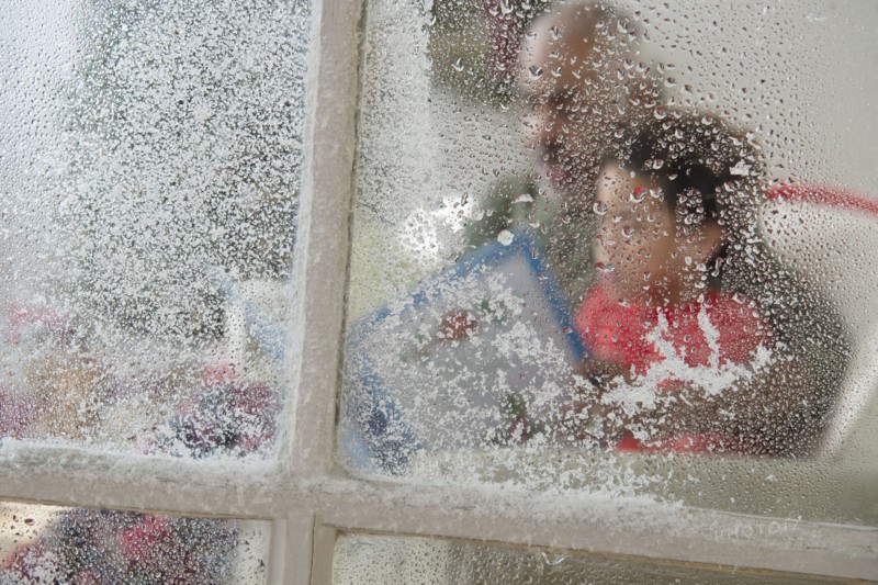 Close up of snow on window at Christmas