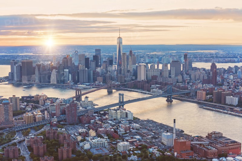 Aerial view of New York City skyline and sunset