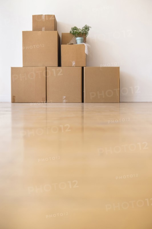 Cardboard boxes stacked against wall in empty apartment