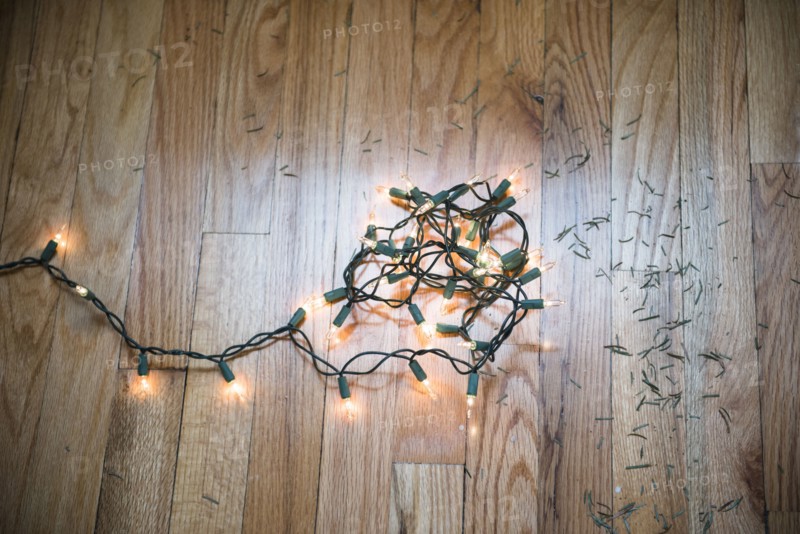 String lights on floor with Christmas tree pine needles