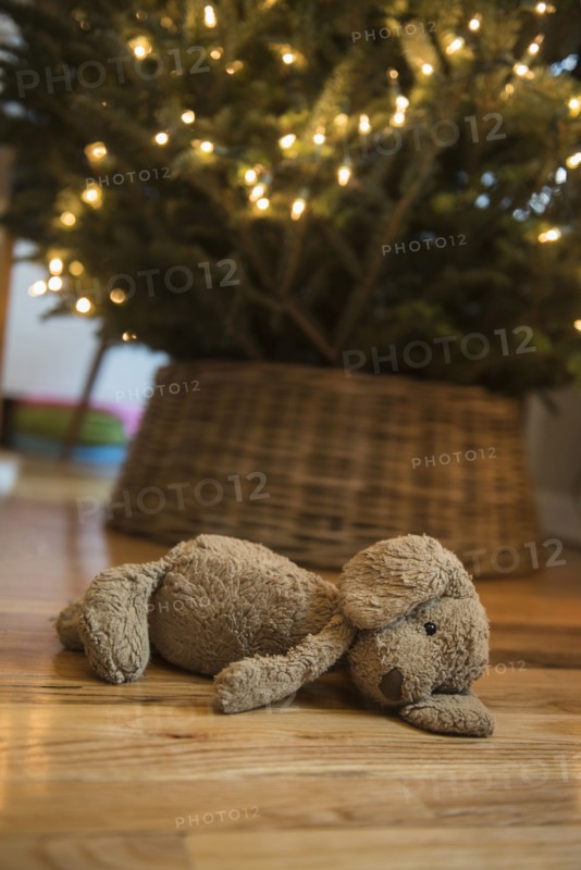 Teddy bear laying on floor near Christmas tree