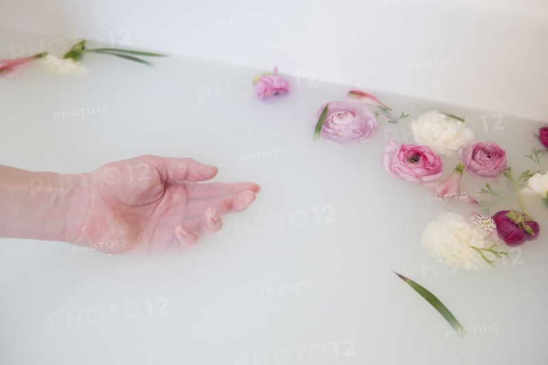 Hand of Caucasian woman in milk bath with flowers