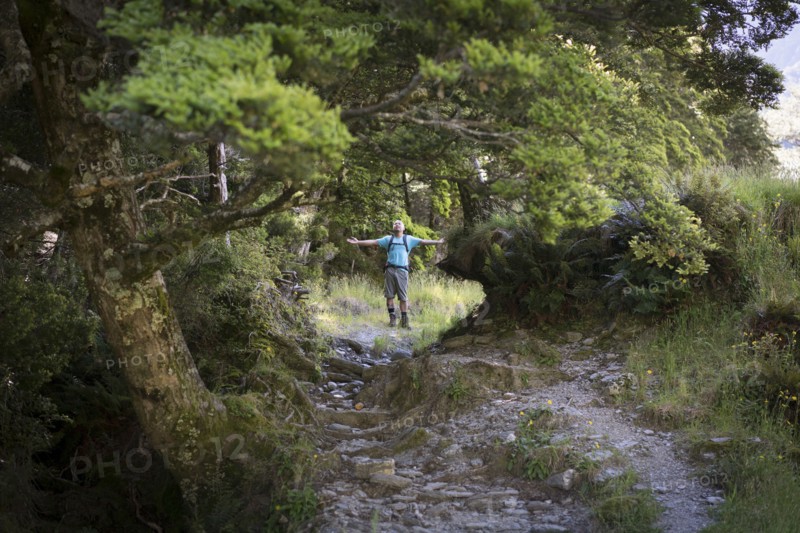 Chinese man standing in forest path