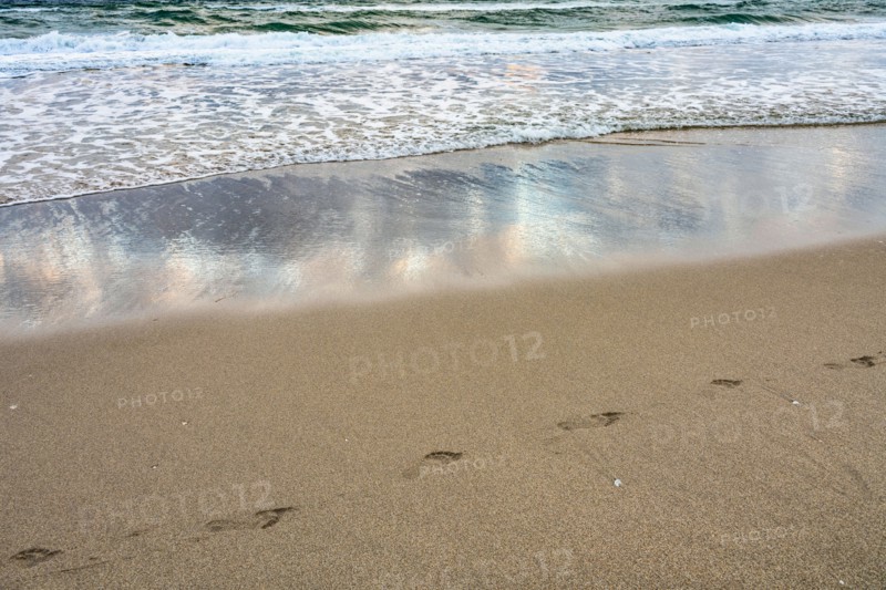Footprints and sea wave on sandy beach