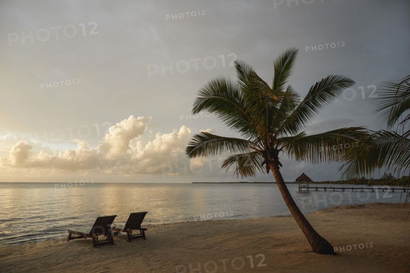 Lounge chairs on tropical beach at sunset