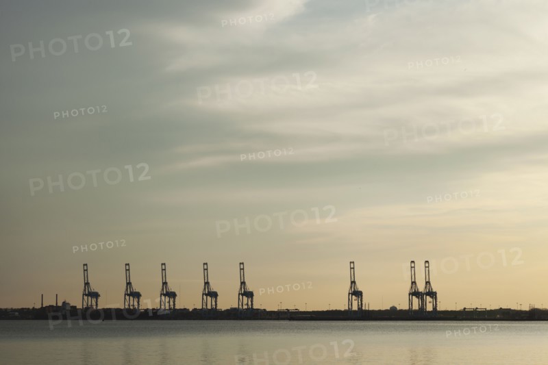 Shipping cranes in harbor at sunset