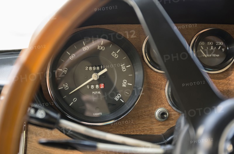 Dashboard and steering wheel of vintage car