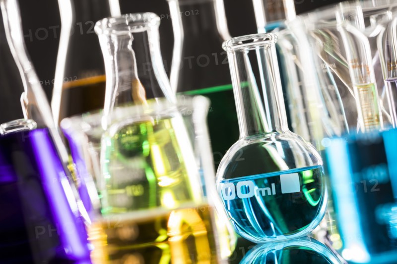 Laboratory glassware with colorful liquids