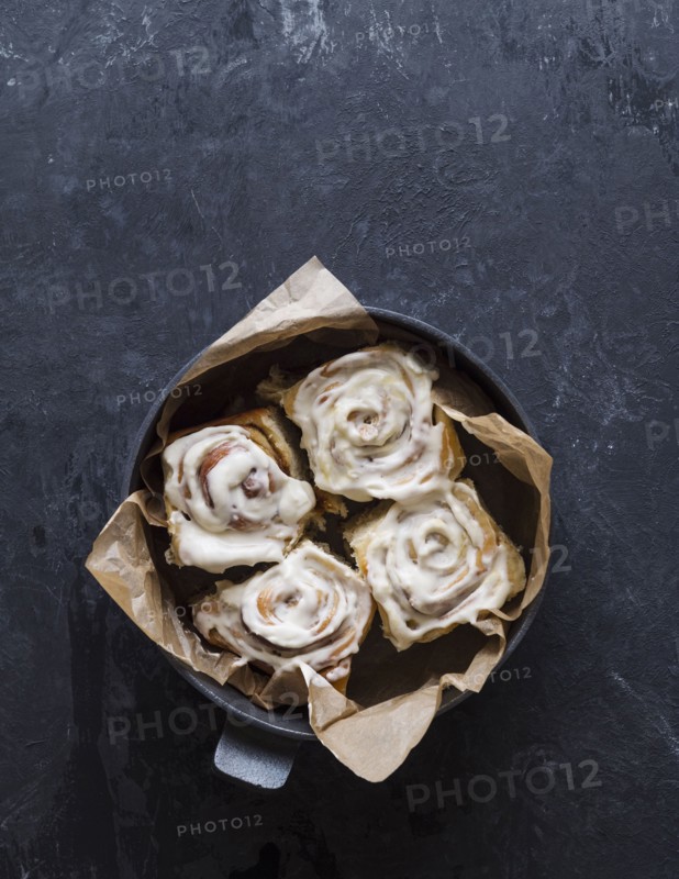 Overhead view of freshly baked cinnamon buns