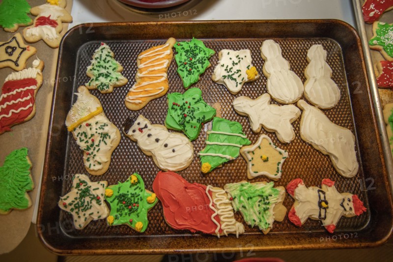 Decorated christmas cookies on baking tray